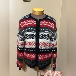 VTG 90s Langels Womens Wool Cardigan Sweater Sz L Red Gray Full Zipper Winter